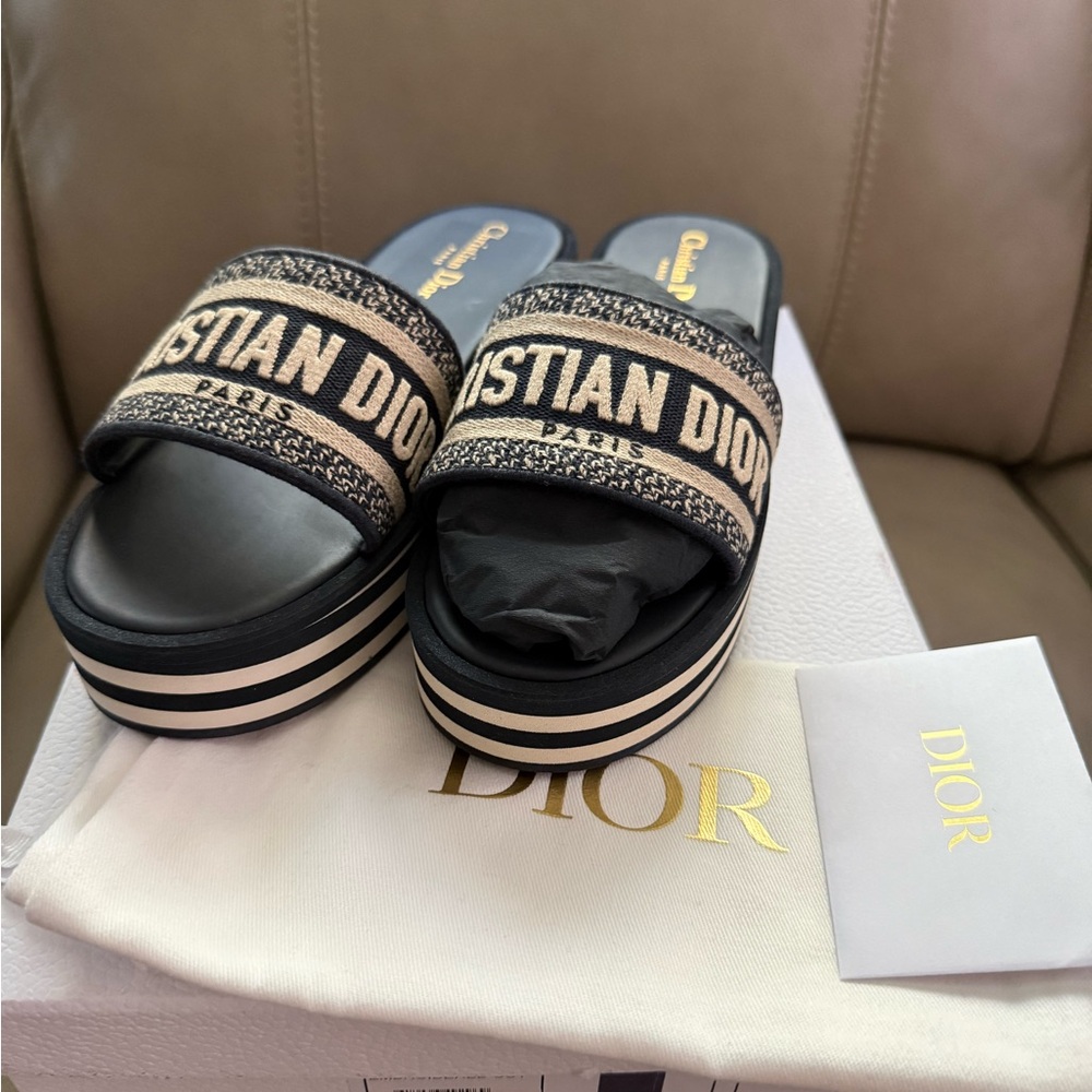 Dior Black and Beige Espadrille Platform Slides
